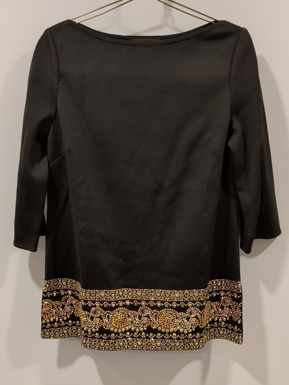 St. John Black Long-Sleeve Tunic Shirt/ Dress with Gold Beaded Border